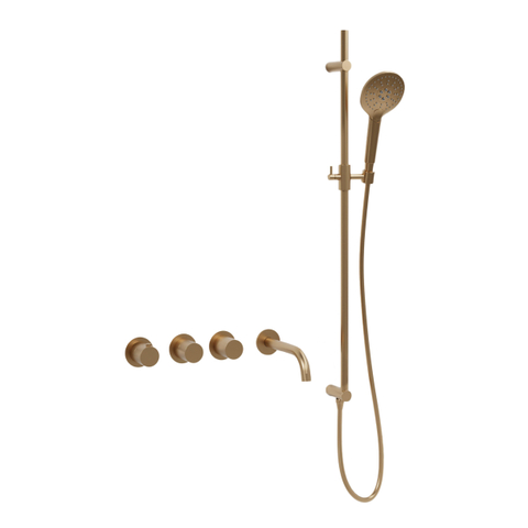 Fortifura Nebbio Badcombinatie-set - thermostaatkraan - glijstang - geïntegreerde wandaansluitbocht - gladde doucheslang - ronde handdouche - uitloop - geborsteld messing SW1238007