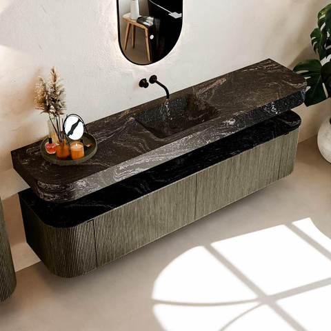 MONDIAZ THOR-DLUX 200cm meuble de salle de bains arrondi gauche + droite couleur Shadow avec 2 tiroirs et 2 portes. Vasque suspendue CLOUD Milieu sans trou de robinet couleur Lava. SW1467027