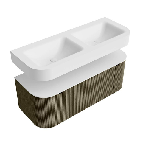 MONDIAZ THOR 120cm meuble de salle de bains arrondi gauche + droite couleur Shadow avec 1 tiroir et 2 portes. Vasque suspendue CLOUD Double sans trou de robinet couleur Talc. SW1463152