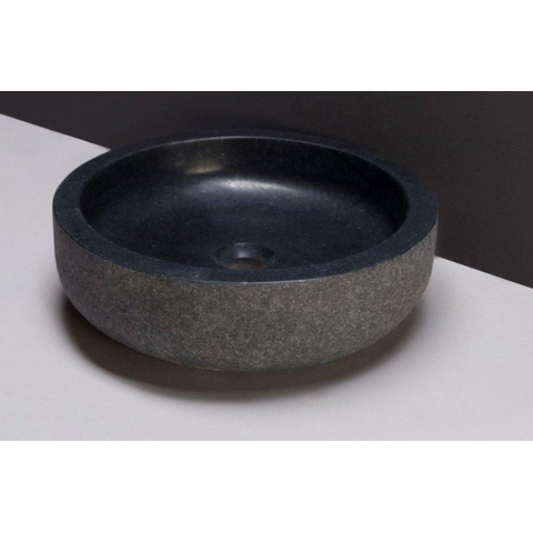 Forzalaqua Reno 2.0 meuble sous-lavabo 140x51x40cm avec 2 tiroirs softclose sans poignées Chêne massif Charcoal plan vasque 3cm 2 vasques 40cm rond Pierre naturelle Granit adouci SW769449