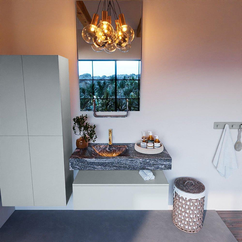 Mondiaz ALAN-DLUX Ensemble de meuble - 100cm - meuble Clay mat - 1 tiroir - Lavabo Cloud Lava suspendu - vasque Gauche - 1 trou de robinet SW808721