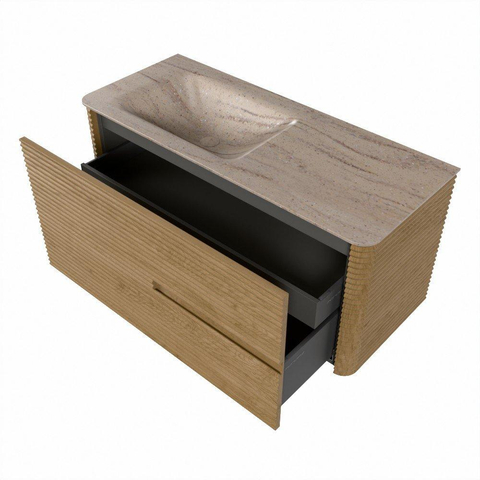 Mondiaz CIRO-DLUX Meuble de salle de bains - 110x45x50cm - Plan-vasque Solid surface Saba - 1 vasque à gauche - 1 trou de robinet - 2 tiroirs - Chêne SW1531180