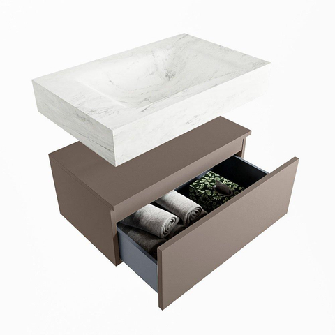 Mondiaz ALAN-DLUX Ensemble de meuble - 70cm - meuble Smoke mat - 1 tiroir - Lavabo Cloud Opalo suspendu - vasque Centre - 1 trou de robinet SW806511