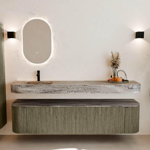 MONDIAZ THOR-DLUX Meuble de salle de bains 190cm arrondi gauche + droite couleur Shadow avec 2 tiroirs et 2 portes. Vasque suspendue CLOUD Gauche 1 trou de robinet couleur Oza. SW1466640