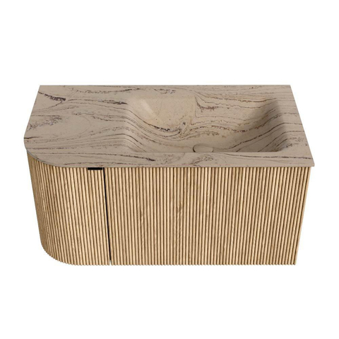 MONDIAZ KURVE-DLUX Meuble de salle de bains 85cm arrondi gauche couleur Oak avec 1 tiroir et 1 porte. Lavabo CLOUD à droite sans trou de robinet Arena. SW1431081