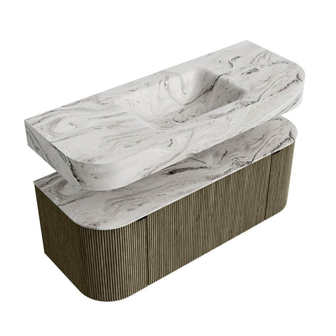 MONDIAZ THOR-DLUX 120cm meuble de salle de bains arrondi gauche + droite couleur Shadow avec 1 tiroir et 2 portes. Vasque suspendue CLOUD Milieu 1 trou de robinet couleur Glace. SW1463159