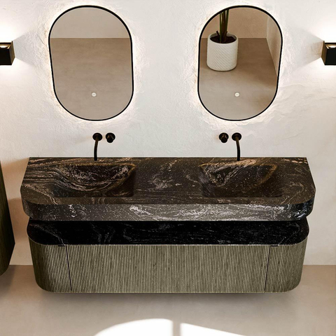 MONDIAZ THOR-DLUX Meuble de salle de bains 170cm arrondi gauche + droite couleur Shadow avec 1 tiroir et 2 portes. Vasque suspendue CLOUD Double sans trou de robinet couleur Lava. SW1465539