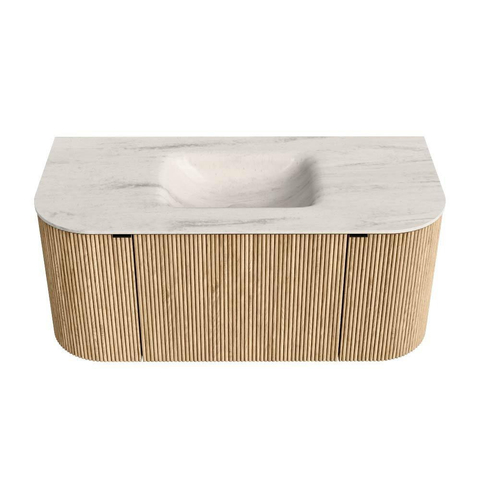 MONDIAZ KURVE-DLUX 100cm badmeubel ronding Links + Rechts kleur Oak met 1 lade en 2 deuren. Wastafel GRUNNE Midden 1 kraangat Meli. SW1431554