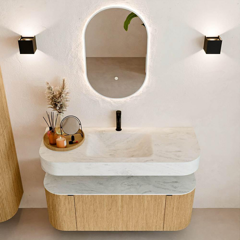 MONDIAZ THOR-DLUX 120cm badmeubel ronding links + rechts kleur Oak met 1 lade en 2 deuren. Vrijhangende wastafel CLOUD Midden 1 kraangat kleur Opalo. SW1463104