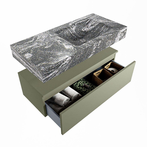 Mondiaz ALAN-DLUX Ensemble de meuble - 100cm - meuble Army mat - 1 tiroir - Lavabo Cloud Lava suspendu - vasque Droite - 0 trous de robinet SW808413