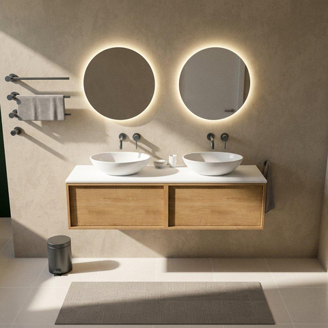Saniclass Holz Frame Ensemble meuble de salle de bains - 160x45x42.5cm - plan de travail Torino en solid surface blanc - sans trou de robinet - 2 tiroirs - chêne natural mat (bois) SW1479086
