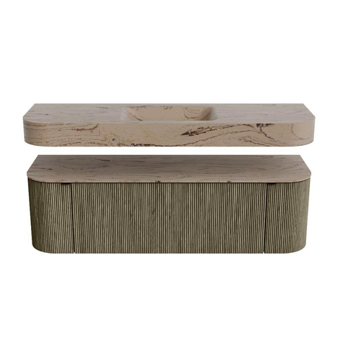 MONDIAZ THOR-DLUX 150cm meuble de salle de bains arrondi gauche + droite couleur Shadow avec 1 tiroir et 2 portes. Vasque suspendue CLOUD Milieu sans trou de robinet couleur Arena. SW1464764