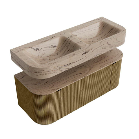 MONDIAZ THOR-DLUX 120cm meuble de salle de bains arrondi gauche + droite couleur Dusk avec 1 tiroir et 2 portes. Vasque suspendue CLOUD Double 2 trous de robinet couleur Arena. SW1463391