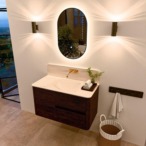 Mondiaz CIRO-DLUX Badkamermeubelset - 90x45x50cm - Solid surface wastafel Meli - 1 wasbak Midden - zonder kraangaten - 2 lades - Walnut SW1530466