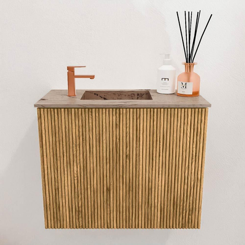 Mondiaz JOYA-DLUX 50cm toiletmeubel - kleur Oak - Wastafel FAYE positie Links 1 kraangat kleur Arena. SW1423843