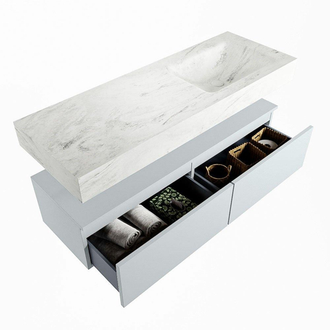 Mondiaz ALAN-DLUX Ensemble de meuble - 130cm - meuble Clay mat - 2 tiroirs - Lavabo Cloud Opalo suspendu - vasque Droite - 1 trou de robinet SW806904