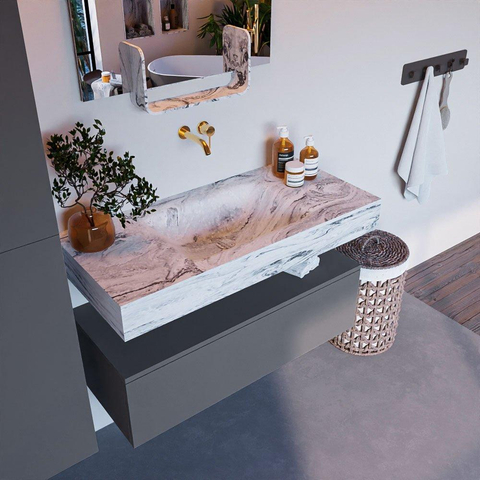 Mondiaz ALAN-DLUX Ensemble de meuble - 100cm - meuble Plata mat - 1 tiroir - Lavabo Cloud Glace suspendu - vasque Centre - 0 trous de robinet SW806166