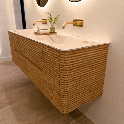 Mondiaz CIRO-DLUX Ensemble de meubles de salle de bains - 160x45x50cm - Plan-vasque solid surface Frappe - 2 vasques double - sans trous de robinetterie - 4 tiroirs - Chêne SW1530901