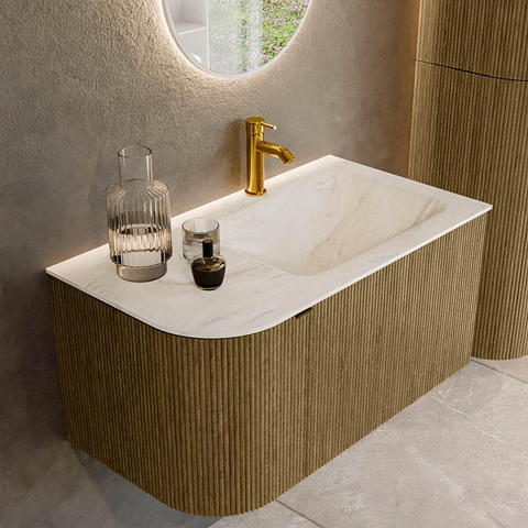 Mondiaz KURVE-DLUX Ensemble de meuble de salle de bains - 85x46x40cm - 1 tiroir - 1 porte - vasque solid surface - droite - 1 trou de robinet - Dusk SW1414992