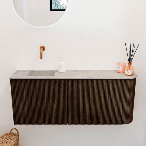 Mondiaz JOYA-DLUX 101.6cm meuble de salle de bains - arrondi droite couleur Walnut - Vasque FAYE position Gauche Sans trou de robinet couleur Glace SW1426205