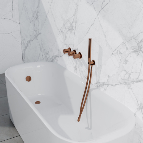 Fortifura Nebbio Badcombinatie-set - thermostaatkraan - wandaansluitbocht - met handdouchehouder - metalen doucheslang - staaf handdouche - badvulcombinatie - PVD - geborsteld koper SW1238040