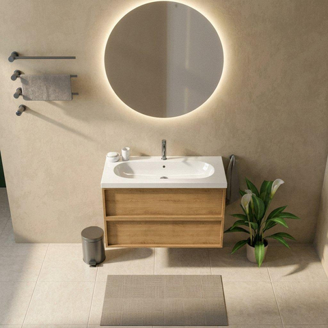 Saniclass Holz Frame Badkamermeubelset - 100x45x63.5cm - Palermo keramische wastafel wit - 1 wasbak - 1 kraangat - 2 lades - mat eiken natural (hout) SW1579715