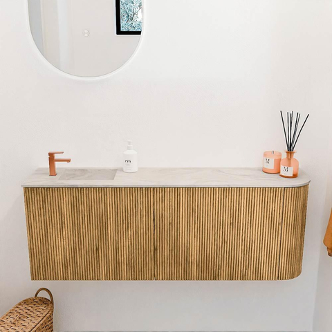 Mondiaz JOYA-DLUX 111.6cm toiletmeubel - ronding rechts kleur Oak - Wastafel FAYE positie Links 1 kraangat kleur Ostra. SW1422288