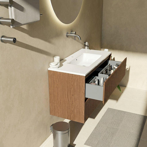 Saniclass Holz Atelier Badkamermeubelset - 100x45x62cm - Vygo keramische wastafel wit - 1 wasbak - zonder kraangat - 2 lades - mat walnut pure (hout) SW1437730