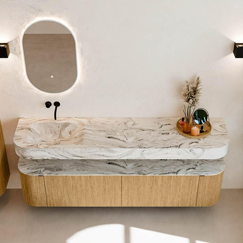 MONDIAZ THOR-DLUX Meuble de salle de bains 190cm arrondi gauche + droite couleur Oak avec 2 tiroirs et 2 portes. Vasque suspendue CLOUD Gauche sans trou de robinet couleur Glace. SW1466368