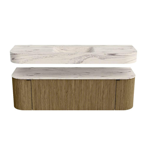 MONDIAZ THOR-DLUX 150cm meuble de salle de bains arrondi gauche + droite couleur Dusk avec 1 tiroir et 2 portes. Vasque suspendue CLOUD Milieu sans trou de robinet couleur Nata. SW1464818