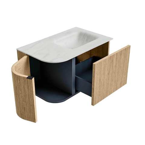 MONDIAZ KURVE-DLUX meuble de salle de bains 75 cm avec module 25 L couleur Oak avec 1 tiroir et 1 porte. Lavabo GRUNNE à droite sans trou de robinetterie couleur Opalo. SW1137502