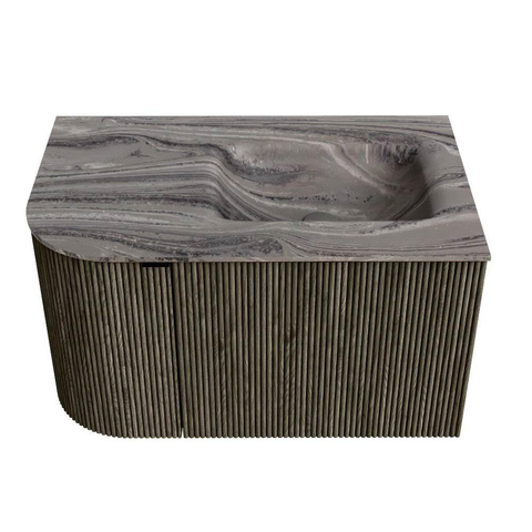 MONDIAZ KURVE-DLUX 75cm badmeubel ronding Links kleur Shadow met 1 lade en 1 deur. Wastafel GRUNNE Rechts 1 kraangat Sombra. SW1433727