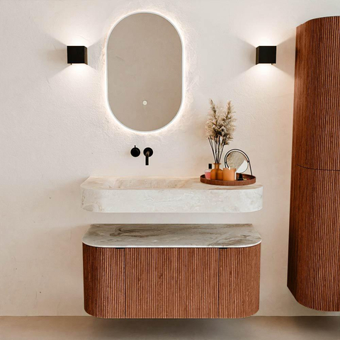 MONDIAZ THOR-DLUX 100cm meuble de salle de bains arrondi gauche + droite couleur Ruby avec 1 tiroir et 2 portes. Vasque suspendue CLOUD Gauche sans trou de robinet couleur Frappe. SW1467357
