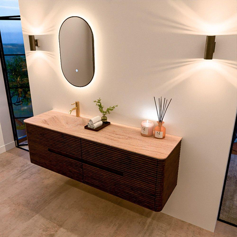 Mondiaz CIRO-DLUX Ensemble de meubles de salle de bains - 160x45x50cm - Vasque en solid surface Saba - 1 lavabo à gauche - 1 trou de robinet - 4 tiroirs - Noyer SW1530706