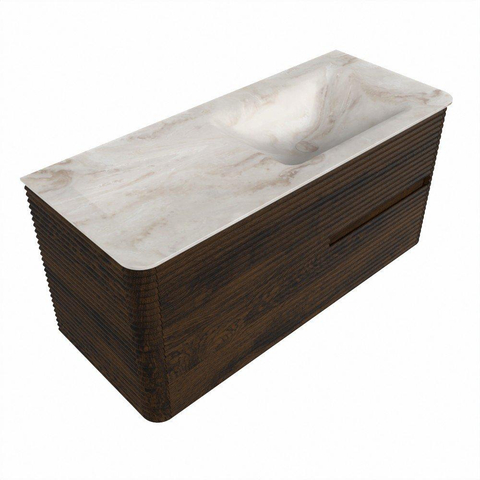 Mondiaz CIRO-DLUX Ensemble meuble de salle de bains - 110x45x50cm - lavabo solid surface Frappe - 1 vasque à droite - sans trous de robinet - 2 tiroirs - Noyer SW1530302