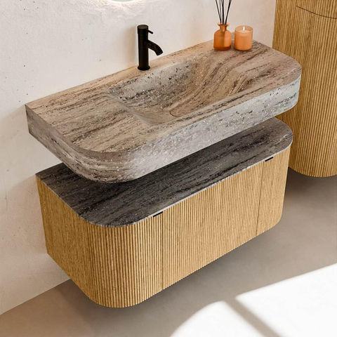 MONDIAZ THOR-DLUX 100cm meuble de salle de bains arrondi gauche + droite couleur Chêne avec 1 tiroir et 2 portes. Vasque suspendue CLOUD Milieu 1 trou de robinet couleur Oza. SW1467601