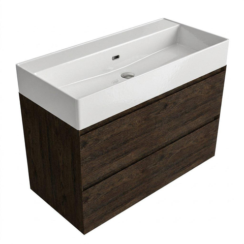 Saniclass Holz Pure Ensemble de meubles de salle de bains - 100x45x72cm - Legend lavabo en céramique blanc - 1 vasque - sans trou de robinet - 2 tiroirs - chêne charcoal mat (bois) SW1478486