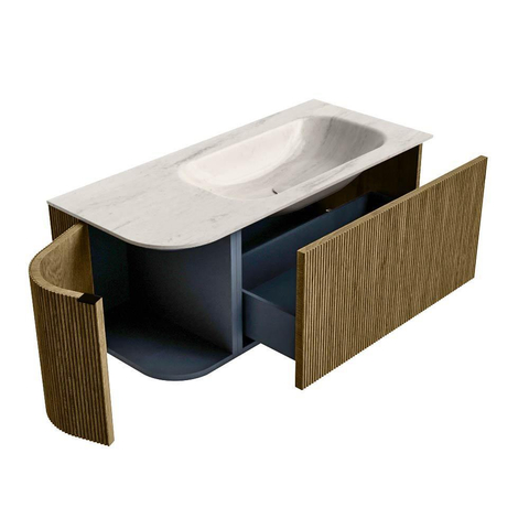 MONDIAZ KURVE-DLUX 105cm badmeubel ronding Links kleur Dusk met 1 lade en 1 deur. Wastafel BIG SMALL Rechts 1 kraangat Meli. SW1431860