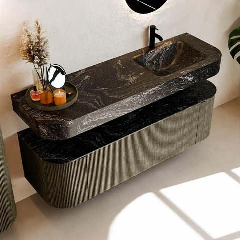 MONDIAZ THOR-DLUX 150cm meuble de salle de bains arrondi gauche + droite couleur Shadow avec 1 tiroir et 2 portes. Vasque suspendue CLOUD Droite 1 trou de robinet couleur Lava. SW1464706