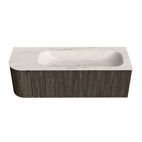 MONDIAZ KURVE-DLUX Meuble de salle de bains 135cm arrondi à gauche couleur Shadow avec 1 tiroir et 1 porte. Lavabo BIG MEDIUM à droite 1 trou de robinet Meli. SW1431792