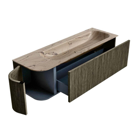 MONDIAZ KURVE-DLUX Meuble de salle de bains 145cm arrondi à gauche couleur Shadow avec 1 tiroir et 1 porte. Lavabo BIG LARGE à droite 2 trous de robinet Arena. SW1431449