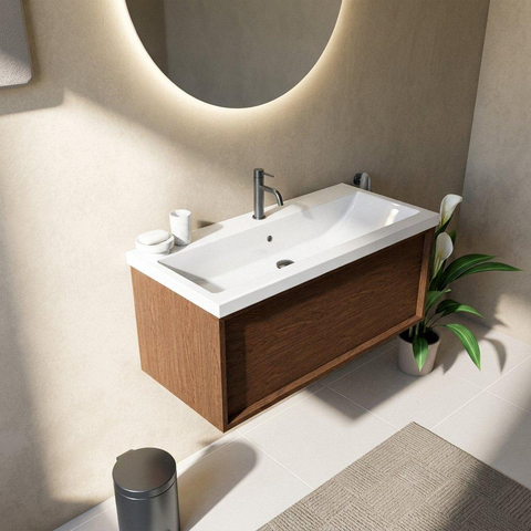 Saniclass Holz Frame Ensemble meuble de salle de bains - 100x45x43.5cm - Lavabo en céramique Bari blanc - 1 vasque - 1 trou de robinetterie - 1 tiroir - walnut pure mat (bois) SW1478757