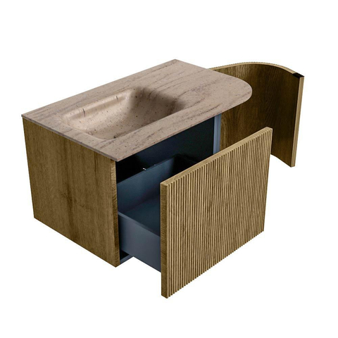 MONDIAZ KURVE-DLUX Meuble de salle de bains 75cm arrondi Droite couleur Dusk avec 1 tiroir et 1 porte. Lavabo GRUNNE Gauche 1 trou de robinet Saba. SW1433306