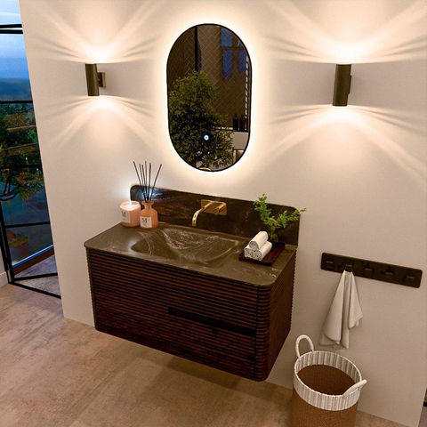 Mondiaz CIRO-DLUX Badkamermeubelset - 100x45x50cm - Solid surface wastafel Lava - 1 wasbak Midden - zonder kraangaten - 2 lades - Walnut SW1530179