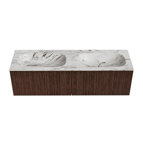 MONDIAZ KURVE-DLUX meuble de salle de bains 150 cm couleur Walnut avec 2 tiroirs. Lavabo STOR SMALL double sans trou de robinet couleur Glace. SW1138111