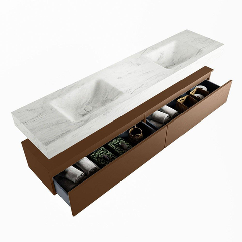 Mondiaz ALAN-DLUX Ensemble de meuble - 200cm - meuble Rust mat - 2 tiroirs - Lavabo Cloud Opalo suspendu - vasque Gauche et droite - 2 trous de robinet SW806743