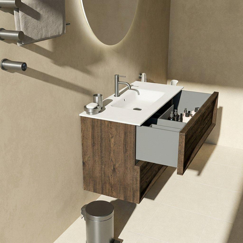 Saniclass Holz Frame Badkamermeubelset - 100x45x61.5cm - Flow solid surface wastafel wit - 1 wasbak - 1 kraangat - 2 lades - mat eiken charcoal (hout) SW1579971