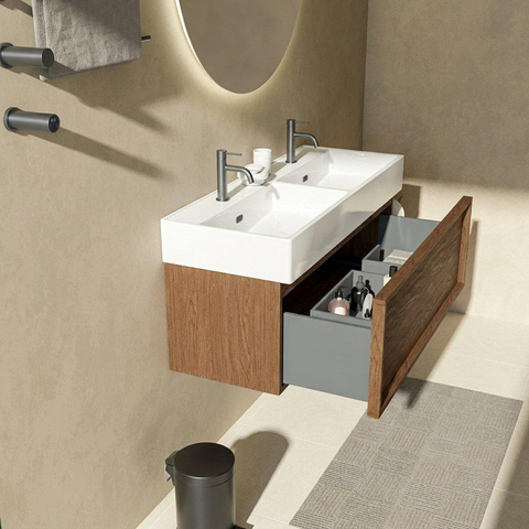 Saniclass Holz Frame Badkamermeubelset - 120x45x52cm - Legend keramische wastafel wit - 2 wasbakken - 2 kraangaten - 1 lade - mat walnut pure (hout) SW1478535
