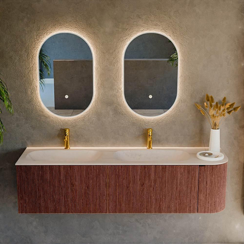 MONDIAZ KURVE-DLUX 165cm meuble de salle de bains avec arrondi à droite couleur Ruby avec 2 tiroirs et 1 porte. Lavabo STOR SMALL Double / Gauche 2 trous de robinet Meli. SW1432017