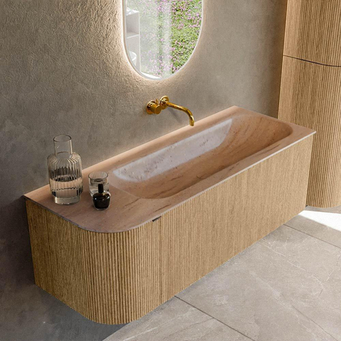 MONDIAZ KURVE-DLUX Meuble de salle de bains 125cm arrondi Gauche couleur Chêne avec 1 tiroir et 1 porte. Lavabo BIG MEDIUM Droite sans trou de robinet Saba. SW1433071
